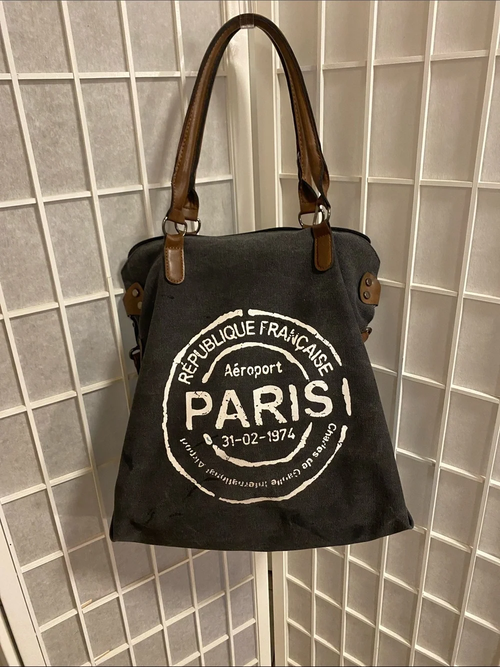 Paris Stamp light black Canvas Tote with Brown Handles and shoulder strap